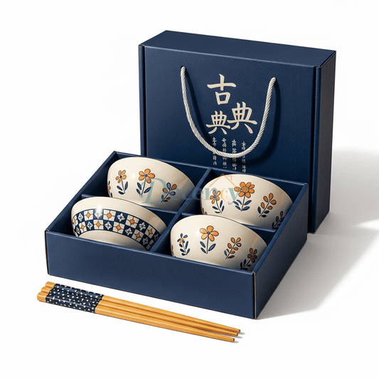 Luxury Japanese Ceramic Bowl Set with Chopsticks – Floral Design (2 / 4 / 6 Pcs Gift Set)