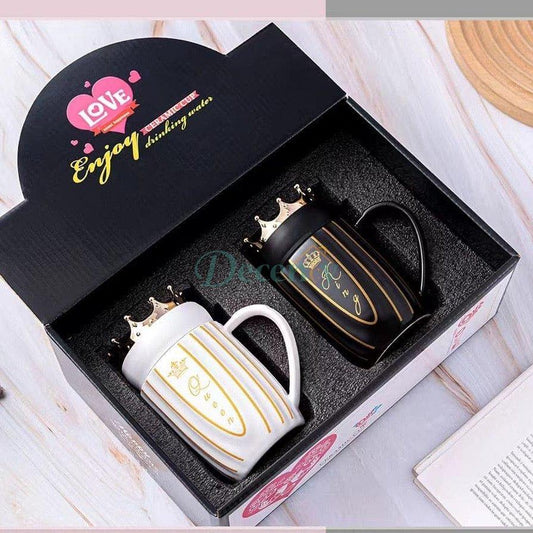 King Queen Couple Mug, Elegant Ceramic Mugs With Crown Lid, King and Queen Camping Ceramic Coffee Mugs