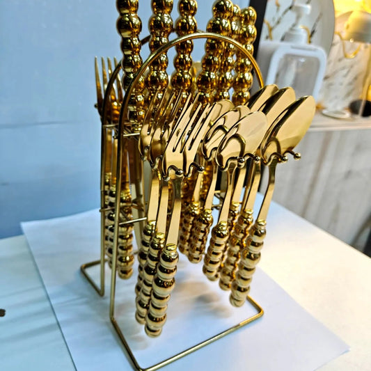 Luxury Gold Beaded Cutlery Set — 24-Piece with Stand