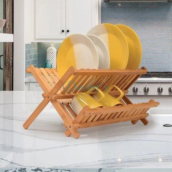 Bamboo Dish Drying Rack, Collapsible Dish Drying Rack for Kitchen Counter, Space Saving Counter