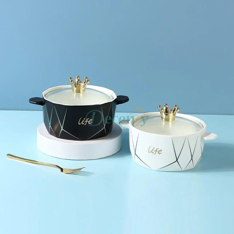 Luxury Crown Lid Ceramic Soup Bowl with Handles – 1 Piece (1200ml)