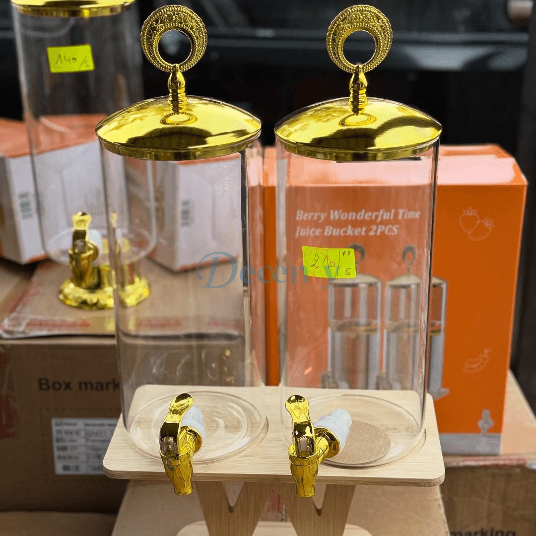 European Style Glass 2 in 1 Beverage Dispensers with Wood Stand Gold Color Lid