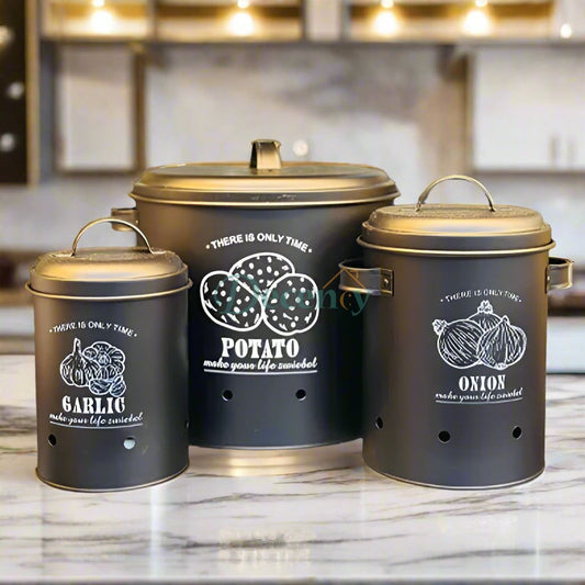 3 Pcs Retro Metal Potato Garlic Onion Storage Containers with 360° Ventilation System