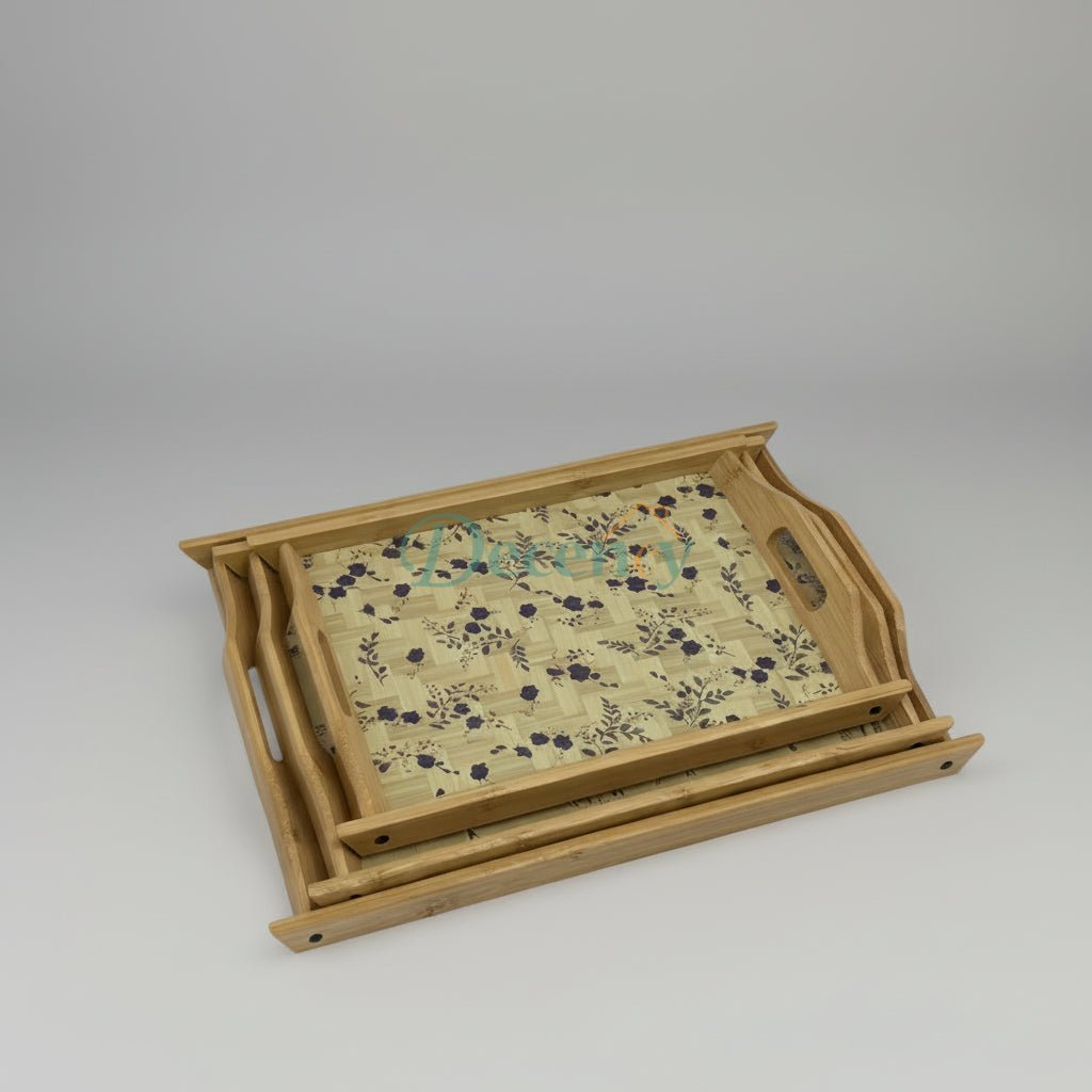 Vintage Floral Bamboo Tray Set – 3-Piece