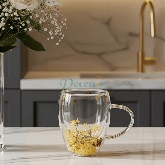 Double Wall Flower Glass Coffee Mug with Dried Yellow Flowers 350 ML