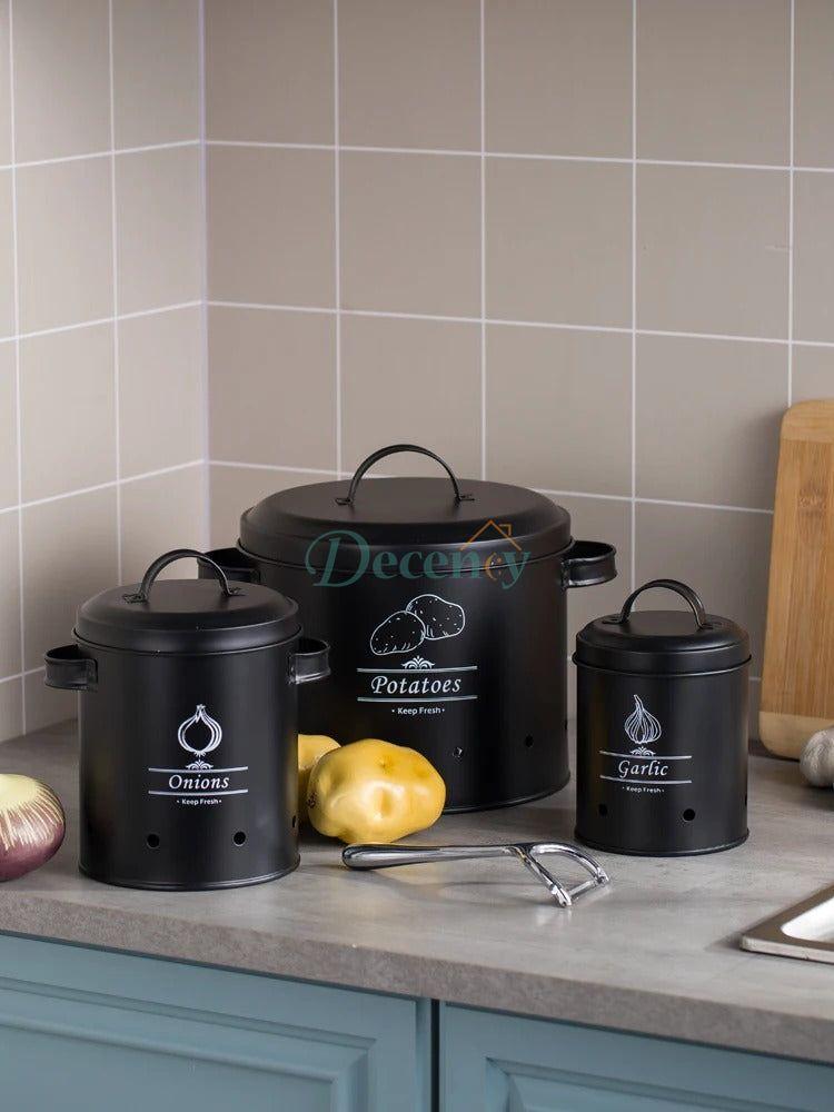 3 Pcs Retro Metal Potato Garlic Onion Storage Containers with 360° Ventilation System