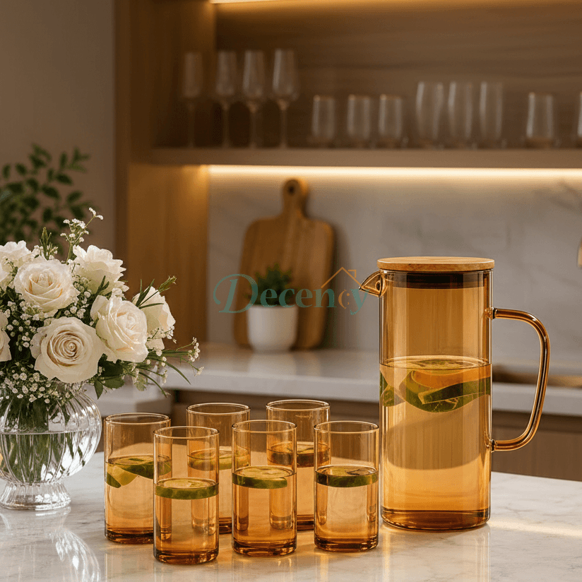 7 Pcs Golden Glass Water Jug Set with Wooden Lid