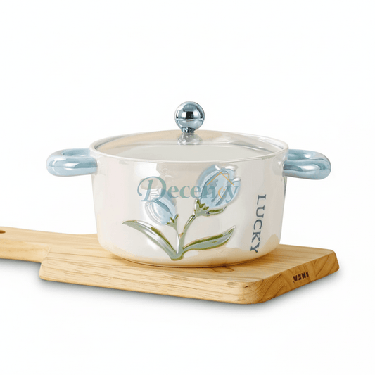 Luxury Floral Heat-Resistant Porcelain Cooking Pot with Glass Lid (1200ML)