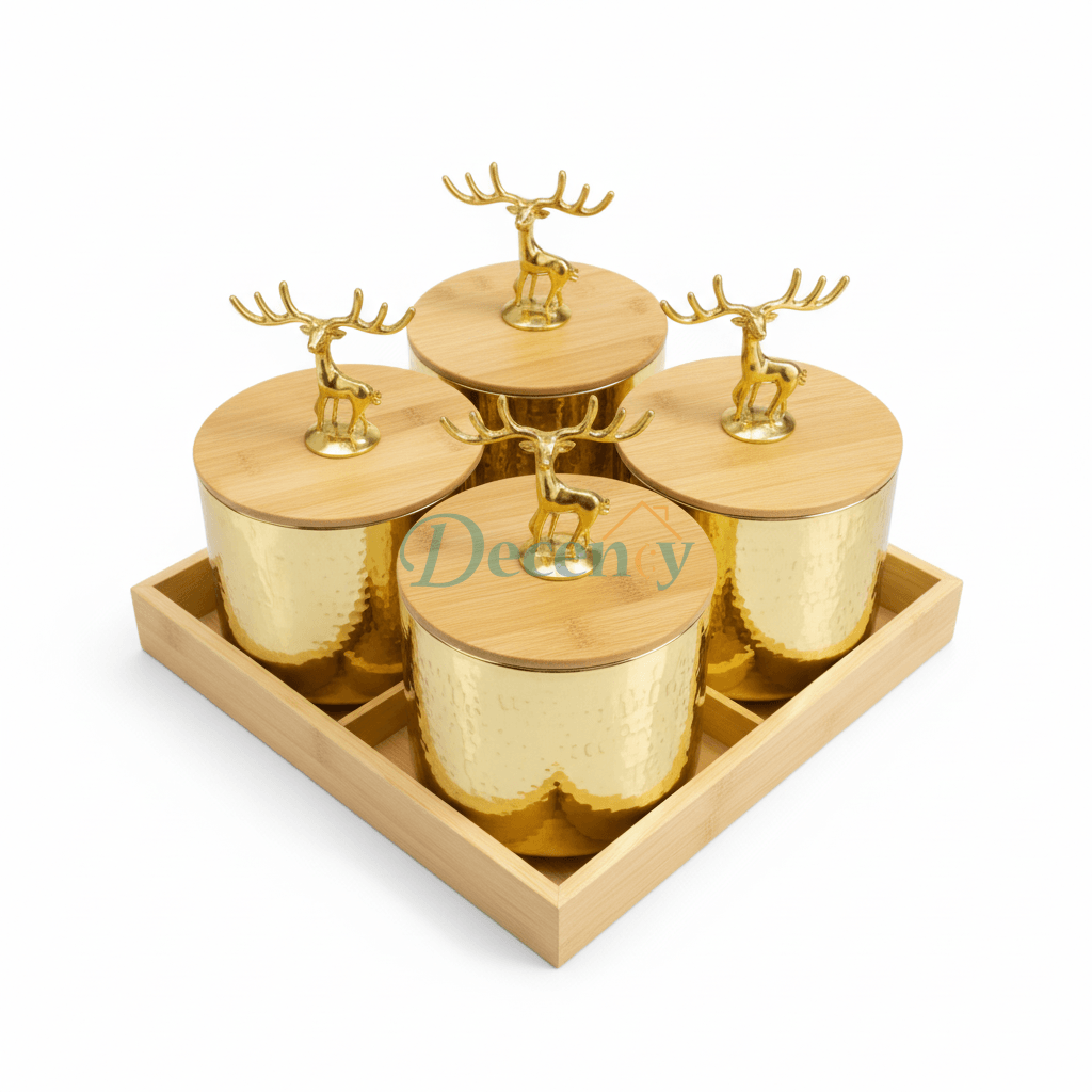 4Pcs Luxury Gold Storage Jar Set with Deer Handle Lids & Bamboo Tray