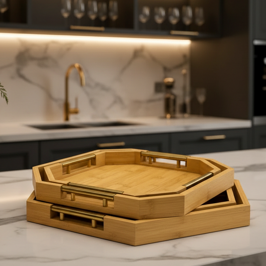 Luxury Wooden Octagonal Serving Tray Set with Gold Handles
