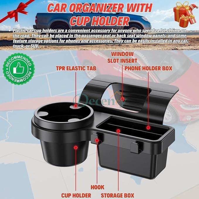 A Multifunctional Car Storage Box Featuring Cup Holders, a Beverage Rack, a Side Door Window Phone Slot, a Hanging Storage Shelf