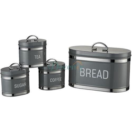 4-Piece Retro Bread Bin and Canister Set – Vintage-Style Metal Kitchen Storage Jars with Airtight Lids, Perfect for Tea, Sugar, Coffee & Bread (BLACK)