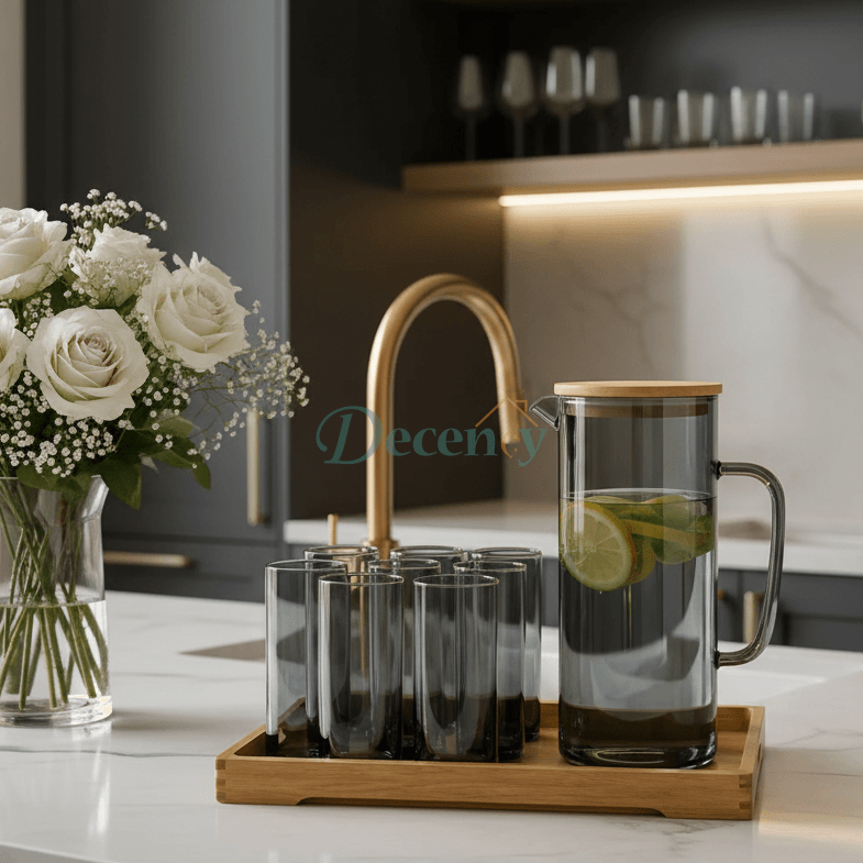 Black Glass Water Pitcher Set with 8 Glasses & Wooden Lid Tray