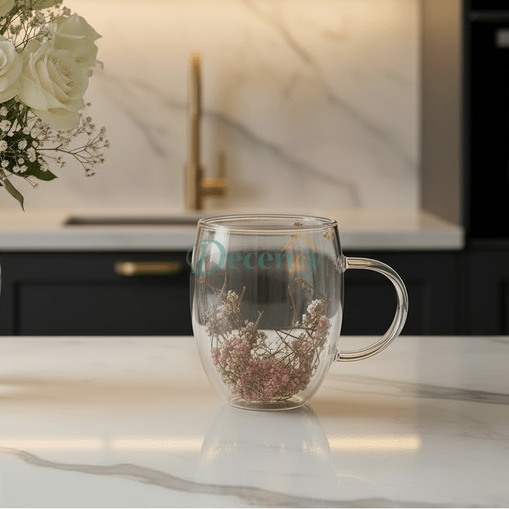 Double Wall Flower Glass Coffee Mug with Rose Petal 350 ML