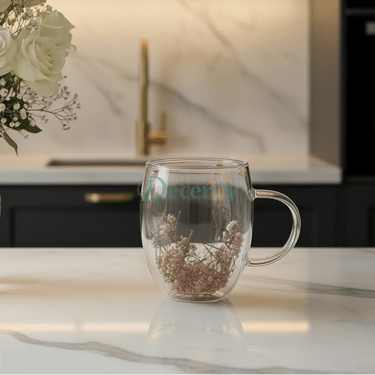 Double Wall Flower Glass Coffee Mug with Rose Petal 350 ML
