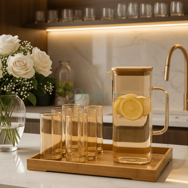 Luxury Glass Water Jug Set with Wooden Lid & Tray ( 3 )