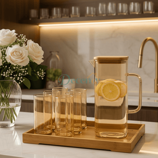 Luxury Glass Water Jug Set with Wooden Lid & Tray ( 3 )