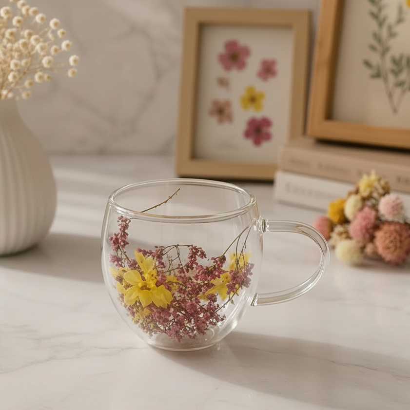 Double Wall Glass Flower Coffee Mug with Aura Petal 250ml