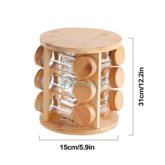 12PCS WOODEN SPICE ORGANIZER – ROTATING SPICE JAR HOLDER & STORAGE SHELF