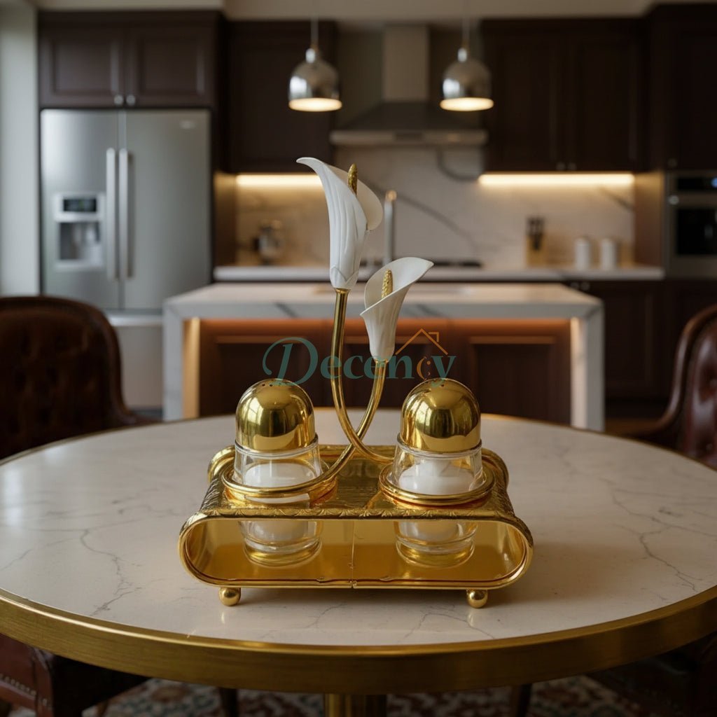 Opulent Gold & Calla Lily Metallic Salt and Pepper Shaker Set