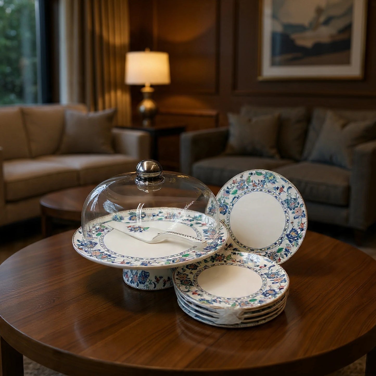 Royal Albert–Inspired 9-Pcs Bone China Cake Set | Floral Elegance with Dome #4