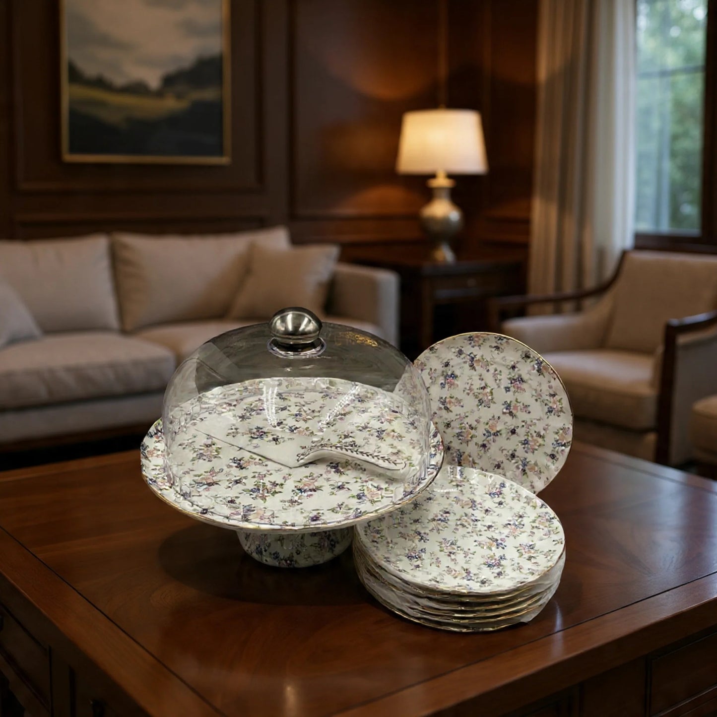 Royal Albert–Inspired 9-Pcs Bone China Cake Set | Floral Elegance with Dome #1