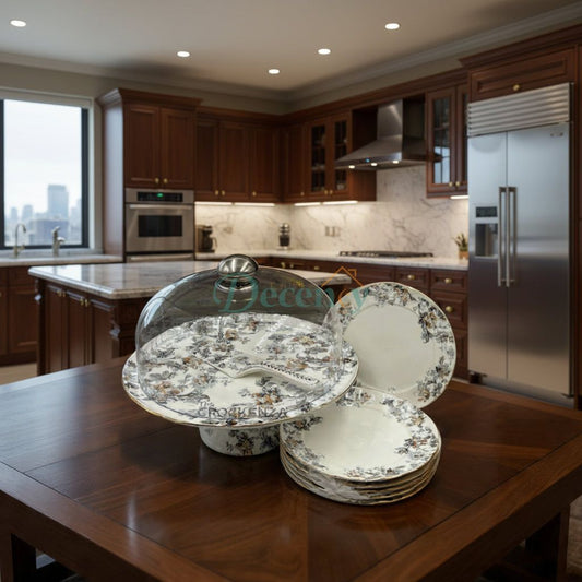 Royal Albert–Inspired 9-Pcs Bone China Cake Set | Floral Elegance with Dome #5