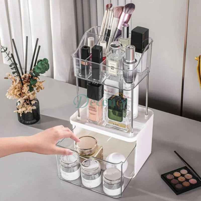 Luxury 2-Tier Acrylic Makeup & Skincare Organizer with Drawer – Space-Saving Cosmetic Storage