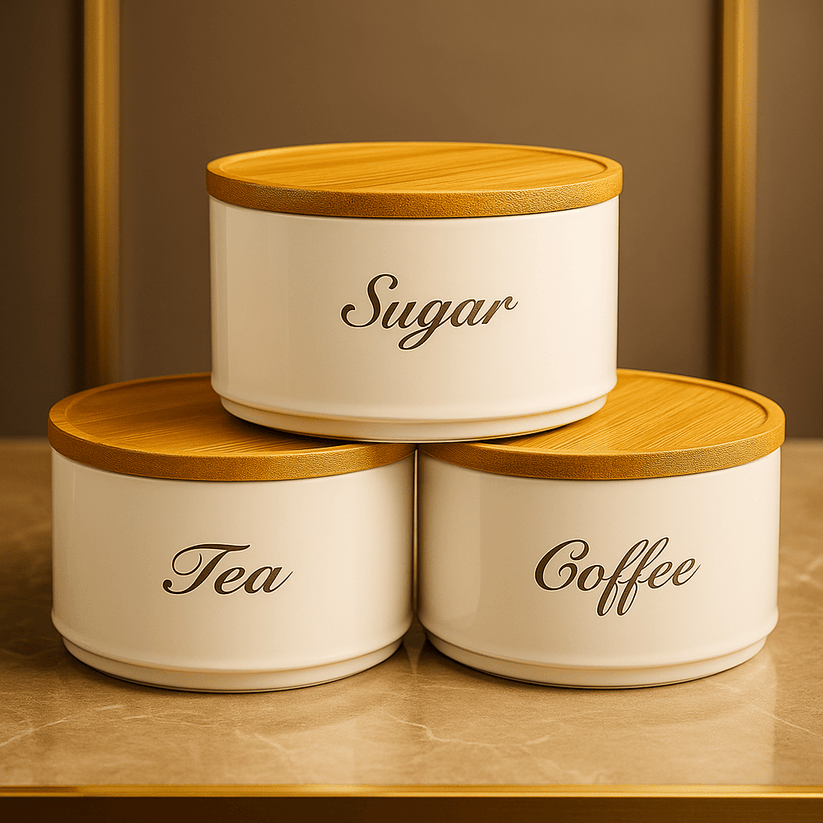 Luxury 3-Piece Round Tin Canister Set – Tea, Sugar & Coffee Storage