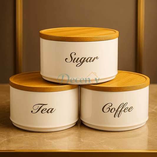 Luxury 3-Piece Round Tin Canister Set – Tea, Sugar & Coffee Storage