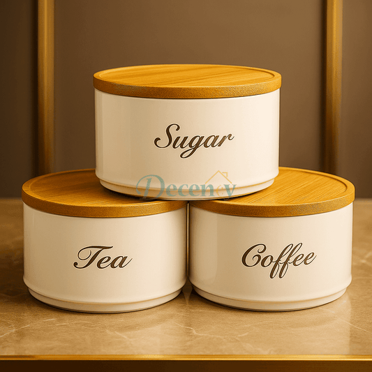 Luxury 3-Piece Round Tin Canister Set – Tea, Sugar & Coffee Storage