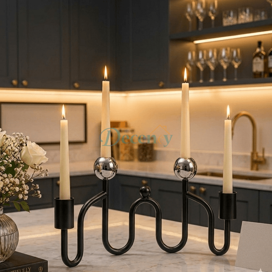 Luxury 4-arm black and silver metal candle holder centerpiece for elegant dining table decor.