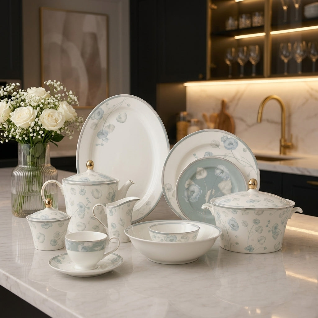 Complete 61-piece ceramic dinner set with light blue floral pattern and gold accents displayed on a marble kitchen counter