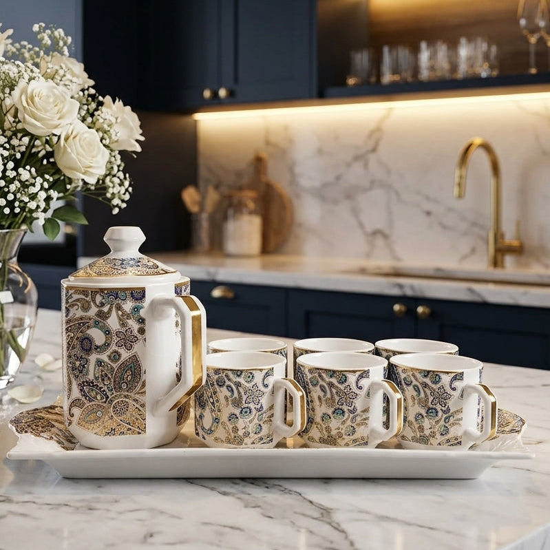 Luxury 8 piece ceramic tea set with teapot, teacups, and serving tray displayed on a kitchen island.