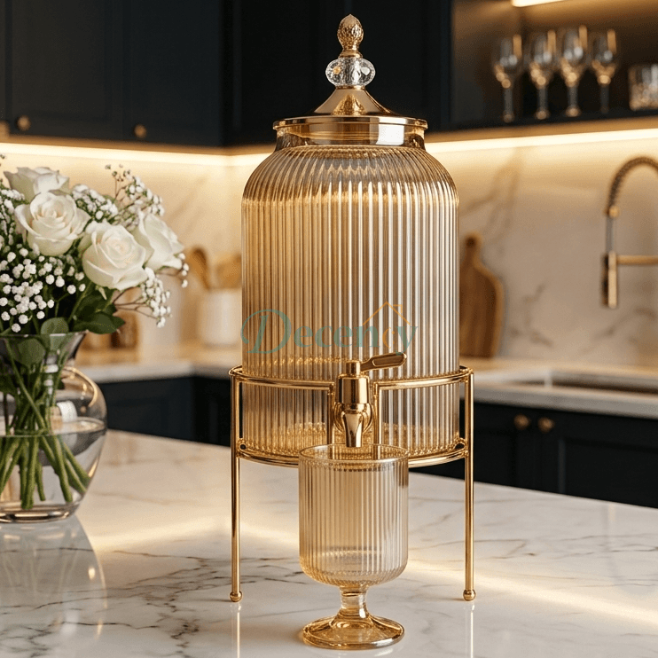 Amber ribbed glass beverage dispenser mounted on a gold metal stand on a marble countertop.