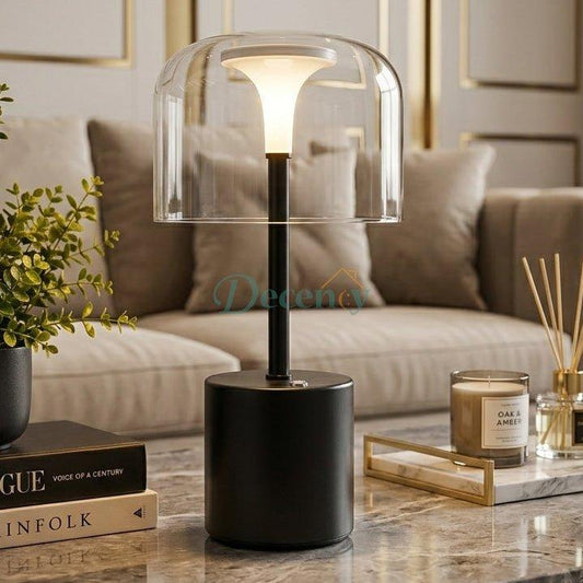 Brushed gold rechargeable crystal glass LED table lamp styling a luxury coffee table