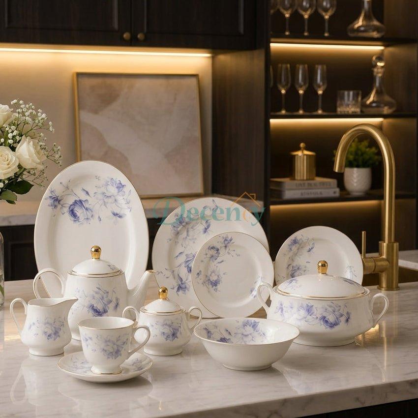 Full 61-piece luxury ceramic dinner set with blue floral patterns displayed on a marble kitchen counter