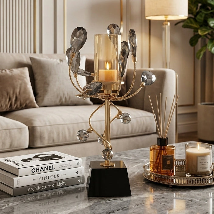 Luxury gold candle holder stand with smoky crystal petals and glass hurricane tube on marble base