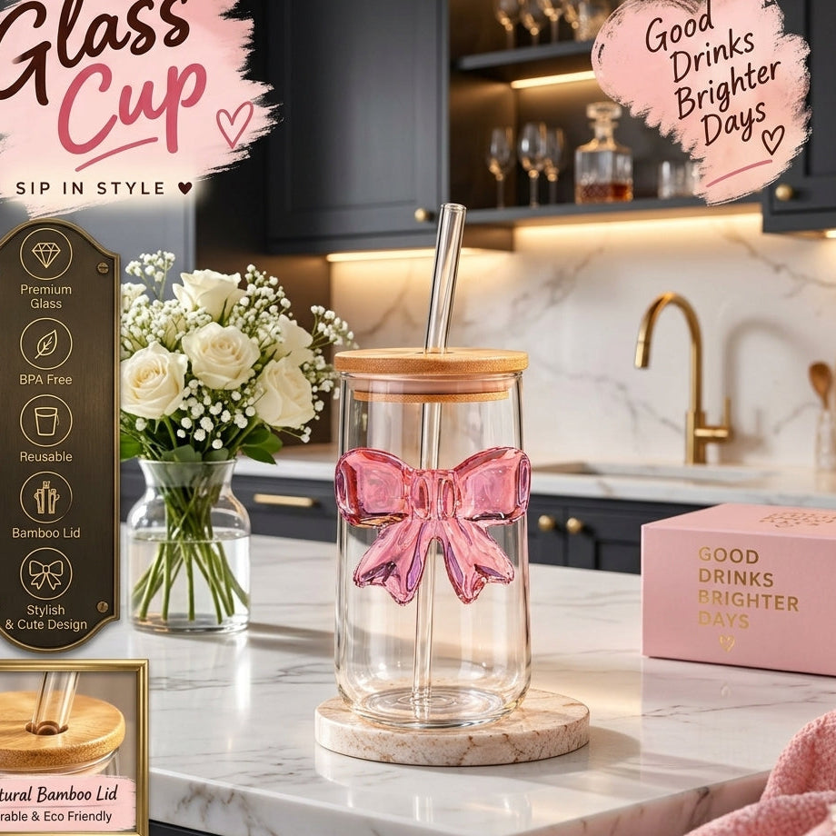 Luxury glass cup with pink bow motif, bamboo lid, and glass straw on a marble tray.