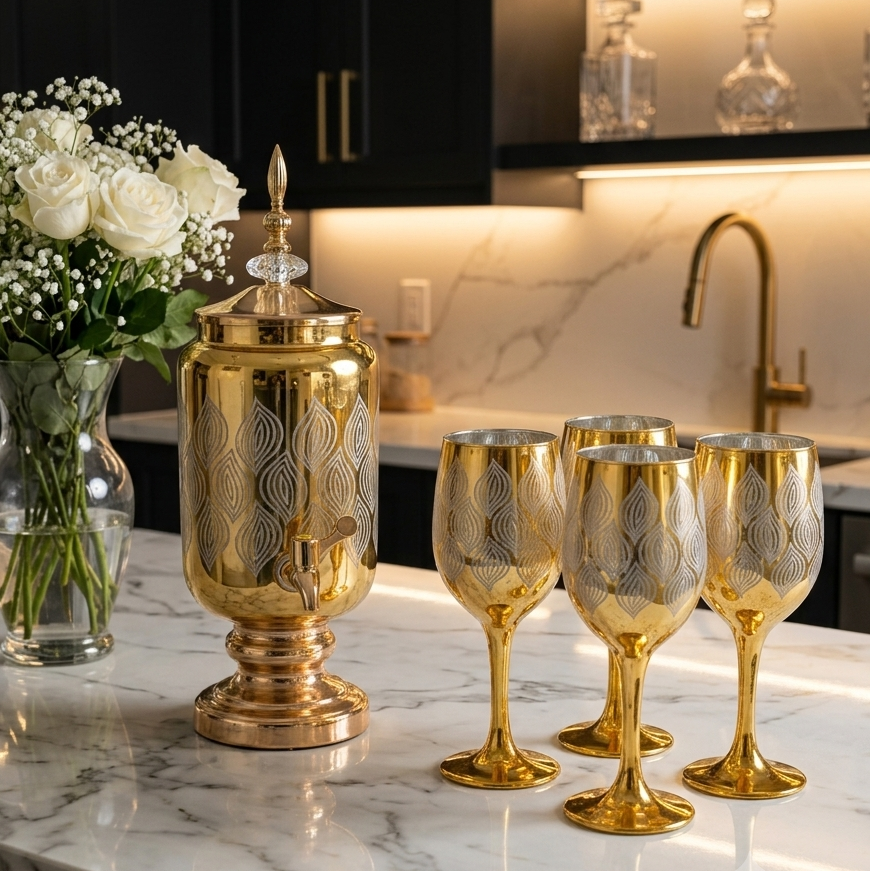 Luxury gold glass beverage dispenser set with 6 matching stemmed glasses placed on a white marble countertop.