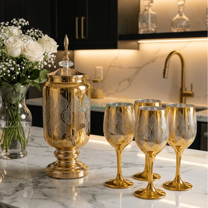 Luxury gold glass beverage dispenser set with 6 matching stemmed glasses placed on a white marble countertop.