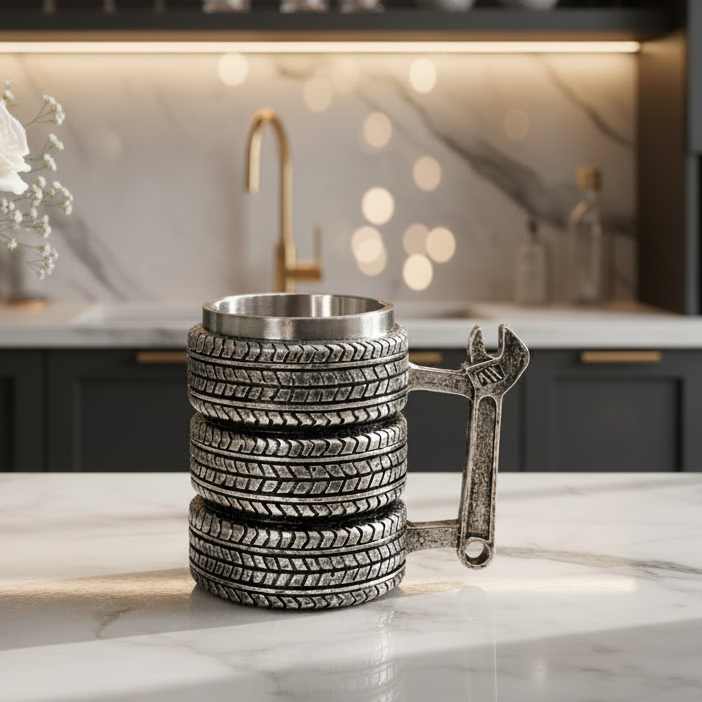 Mechanic wrench handle stainless steel coffee mug 450ml on a plain surface.