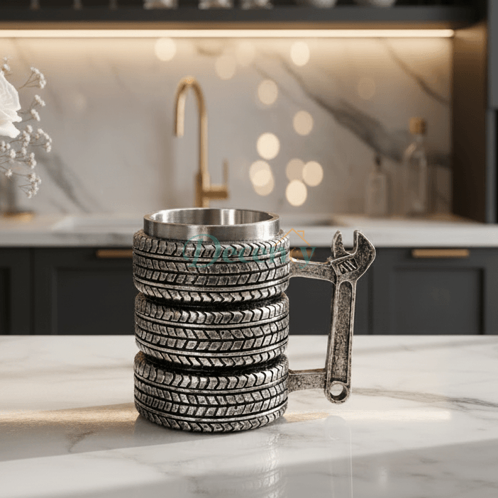 Mechanic wrench handle stainless steel coffee mug 450ml on a plain surface.