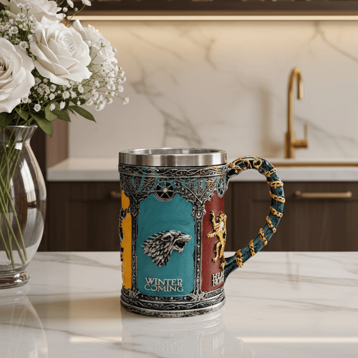 Front view of the 500ml medieval wolf tankard beer mug showing detailed 3D wolf relief.