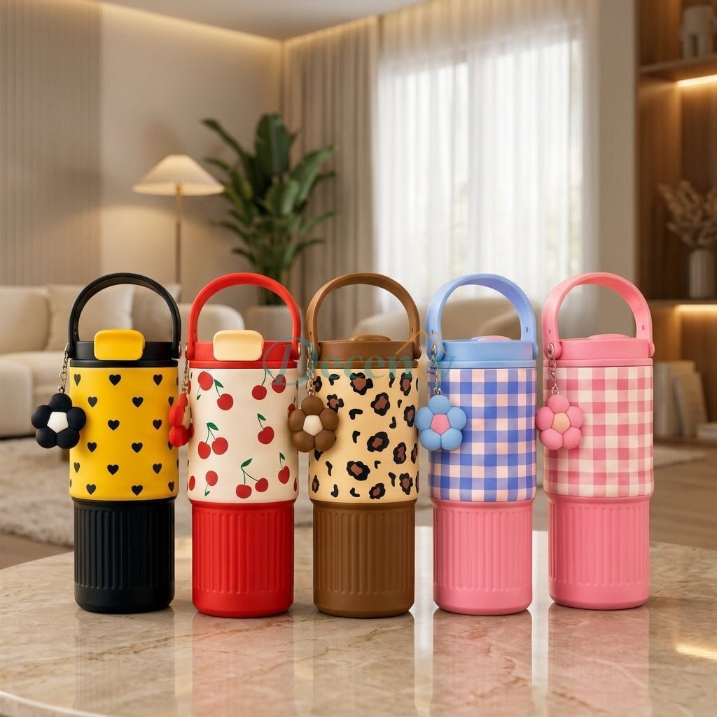 Set of cute multicolor patterned insulated stainless steel water bottles with handles and flower charms.