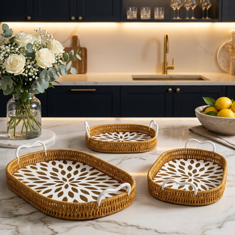 Set of three oval woven rattan serving trays with white handles displayed on a marble kitchen counter.