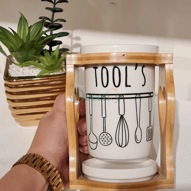 Porcelain Spoon Holder with Bamboo Stand