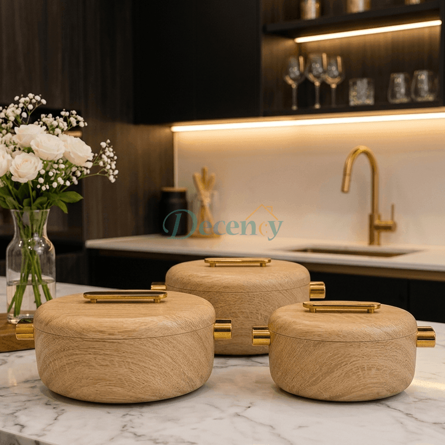 Premium 3-piece insulated hotpot set with lids placed on a kitchen counter.