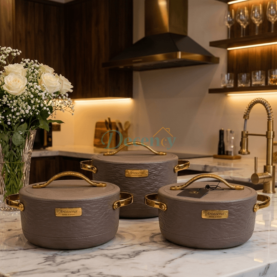 Premium 3-piece insulated hotpot set with lids displayed together on a kitchen counter