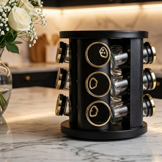 Matte black and gold revolving spice rack organizer on a kitchen marble countertop